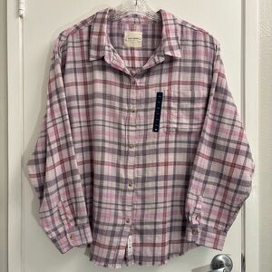 Lucky‎ Brand Women's Flannel Plaid Shirt 2x Pink Raw Hem Long Sleeve 100% Cotton